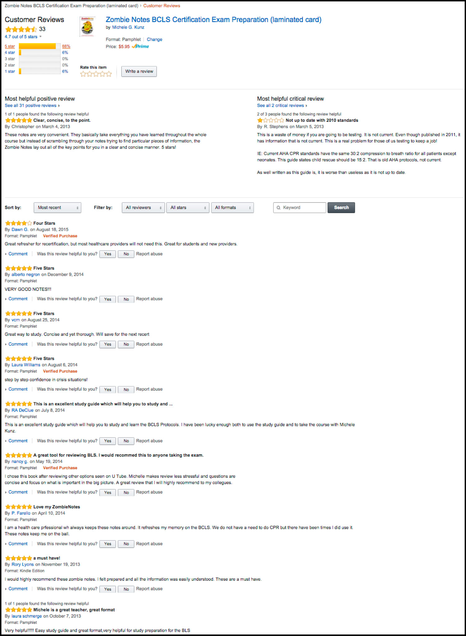 Amazon Reviews For BLS Certification Exam Prep. Zombie Notes Study Chart