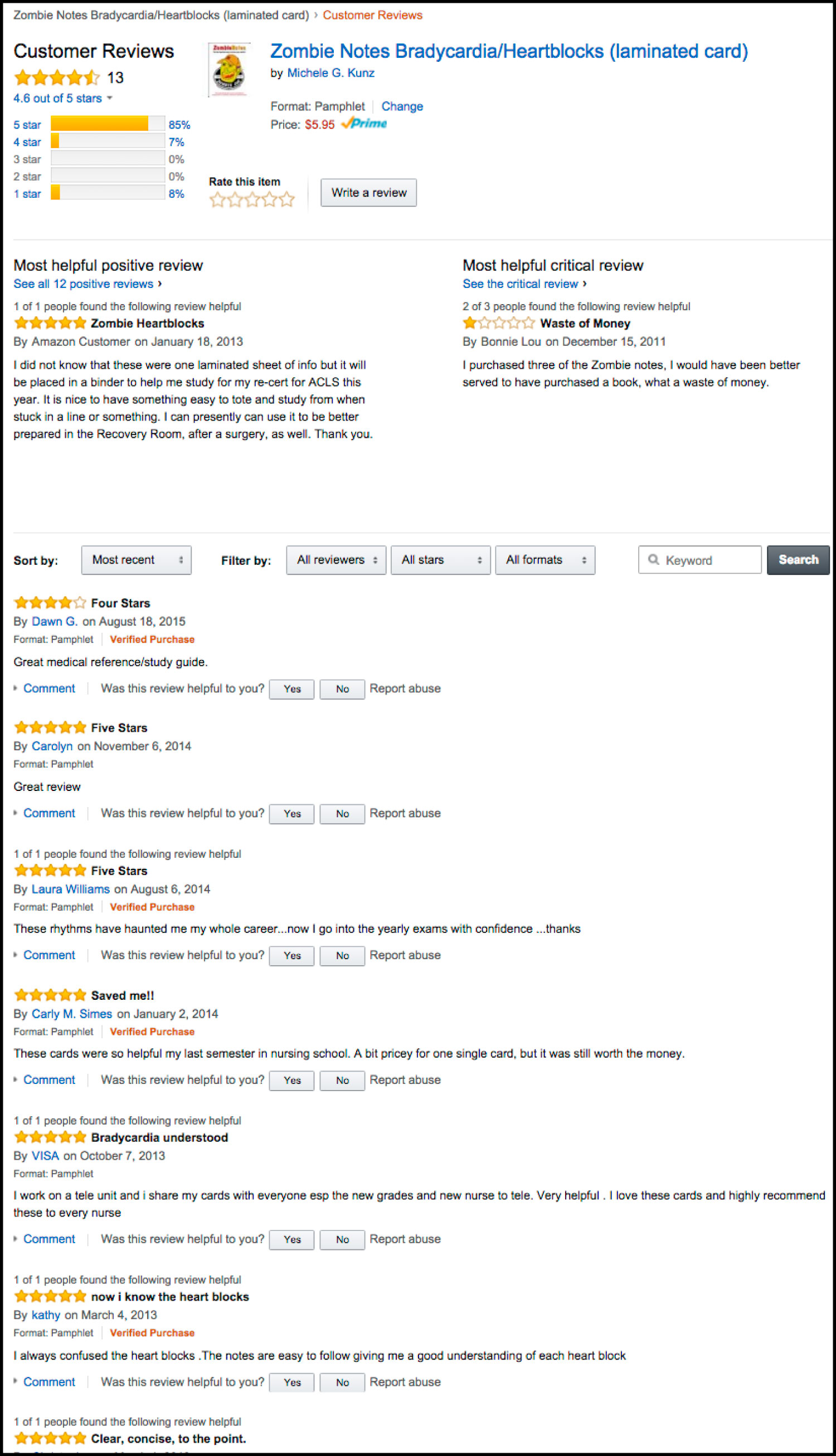 Amazon Reviews For Bradycardia/Heartblocks Zombie Notes Study Chart