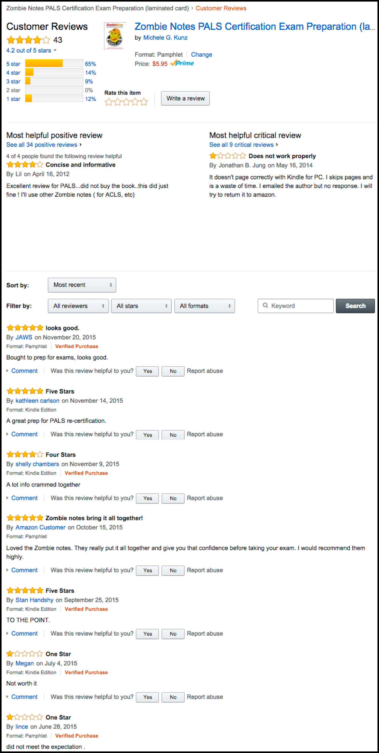 Amazon Reviews For PALS Certification Exam Prep. Zombie Notes Study Chart