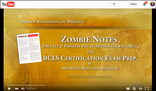YouTube Video Of Zombie Notes BLS / BCLS Certification Exam Prep. Study Chart