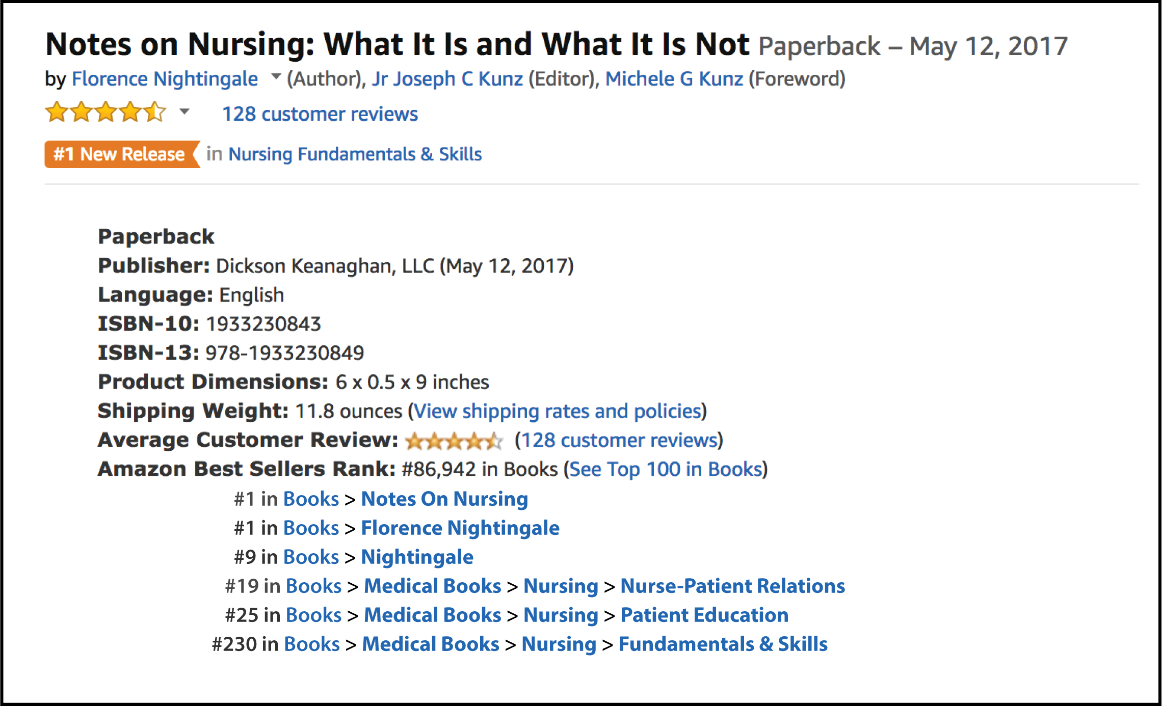 Amazon Product Details and Best Seller Rank for "Notes On Nursing"
